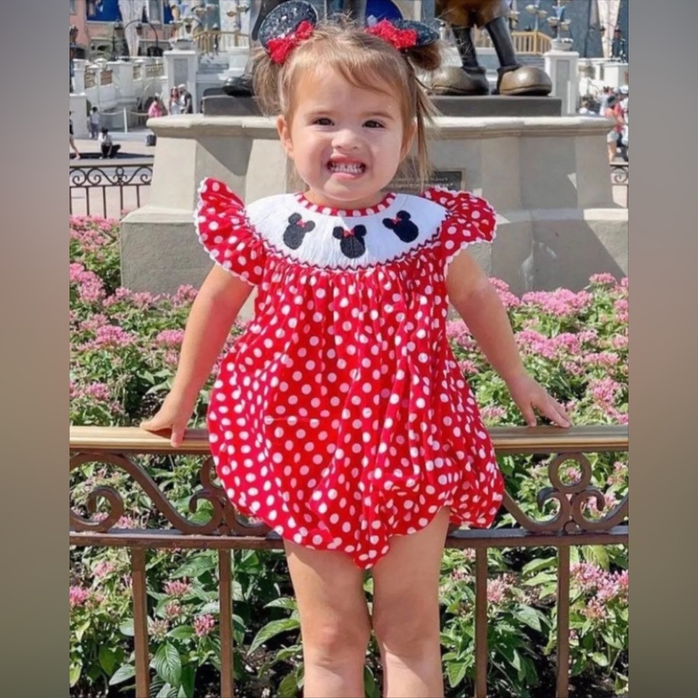 Boutique Minnie Mouse Girls Embroidered Smocked Red Polka Dot Dress Sz. 3T